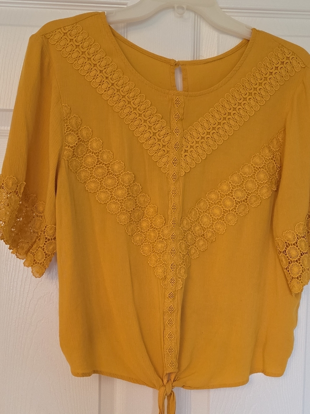 No Boundaries Mustard Yellow Crochet-Trim Tie-Front Blouse Size XL